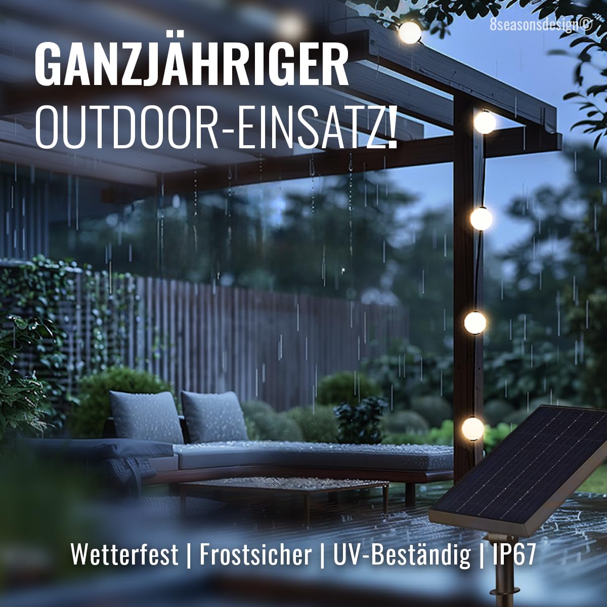 8 seasons design Solar Lichterkette Garten, 5,5m - Glowing Elegance - dimmbar, 6 weiße Kugeln (10 cm D), LED warmweiß, Akku, für außen & innen, inkl. Fernbedienung, mit USB-C aufladbar