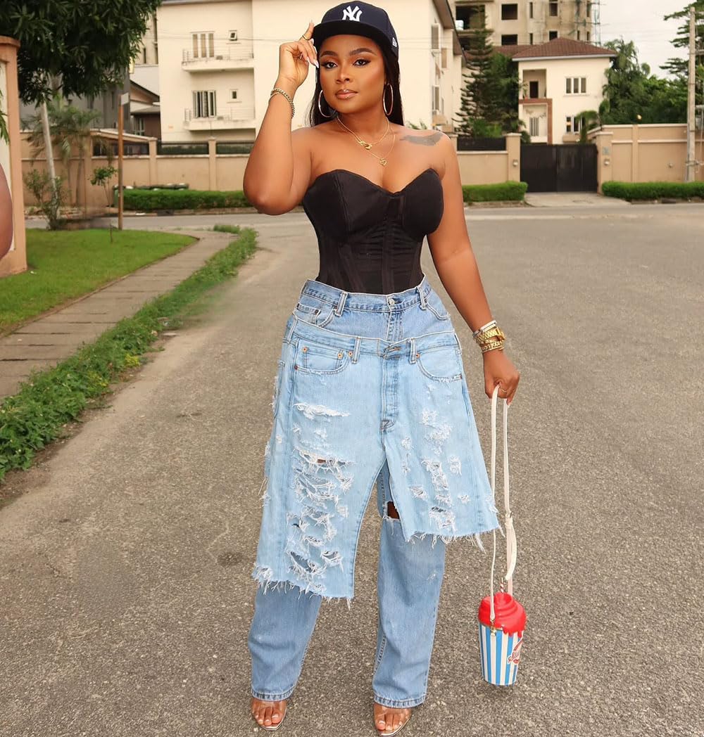 High-Waisted Distressed Wide-Leg Jeans, Light Blue Denim, Y2K Style, Loose Fit, Raw Edge Casual Pants