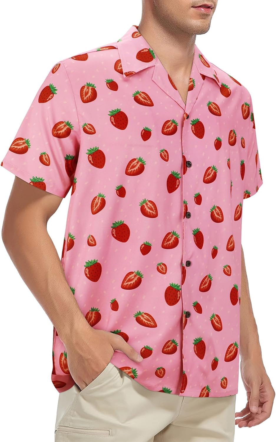 Pink Hawaiian Shirt for Men Funny Strawberry Short Sleeve Shirt Beach Tropical Vacation Shirt Button Up Aloha Shirt 3XL - Image 4