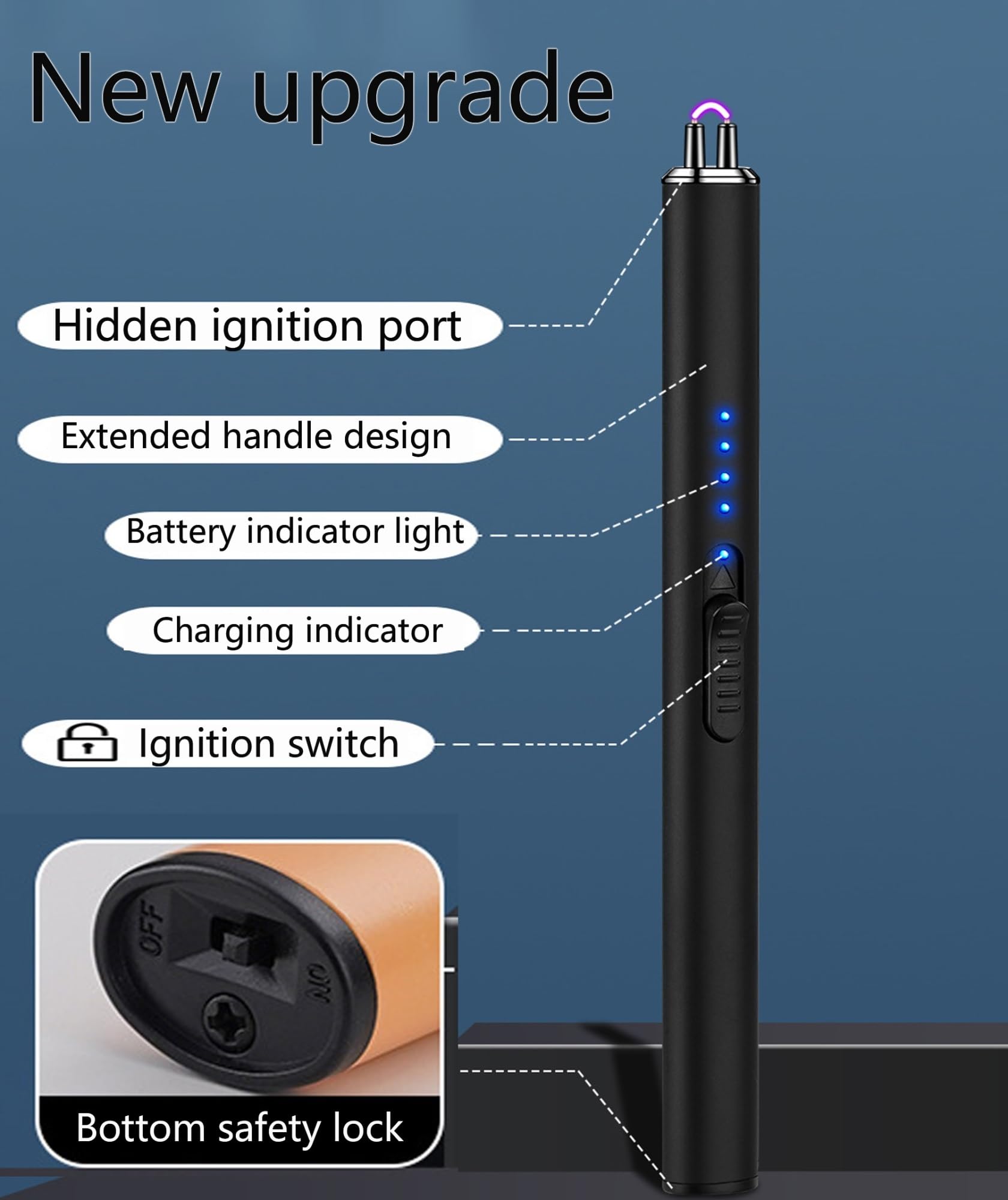 Accendino elettrico ad arco ricaricabile antivento senza fiamma con blocco di sicurezza e cavo dati USB for ricarica rapida. Accendino a candela.(3PC1)