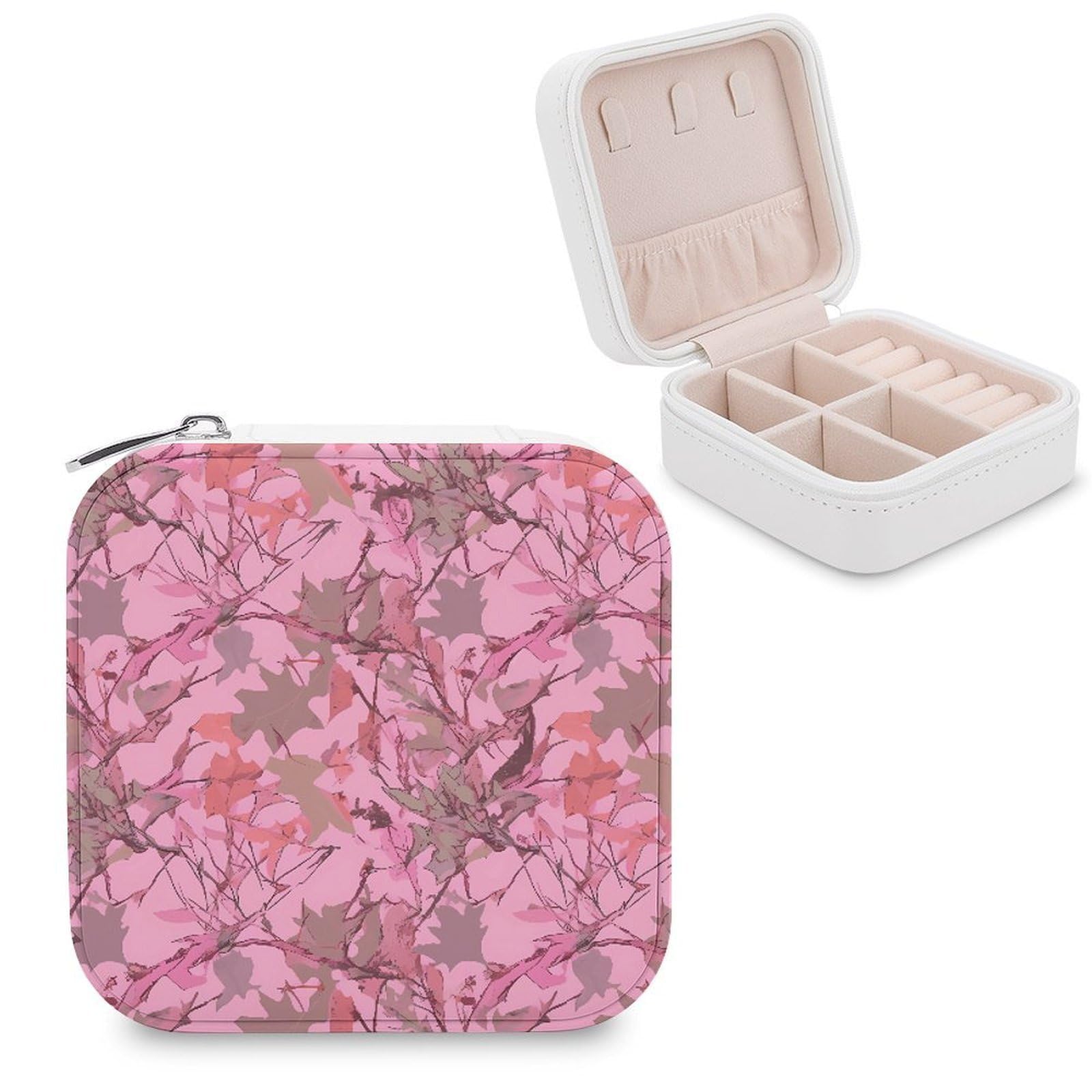 VstaDank Pink Leaves Camo Travel Jewelry Case Small Portable Jewellry Organizer Box PU Leather Organizer Boxes Personalized Jewellery Storage Holder Gift for Womens Rings Earrings