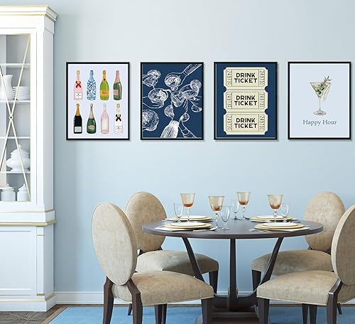 Miniatura 4 de ULEGIE Juego de 4 carteles de decoración de pared para carritos de bar, decoración de pared de cóctel retro champán, decoración de pared para el