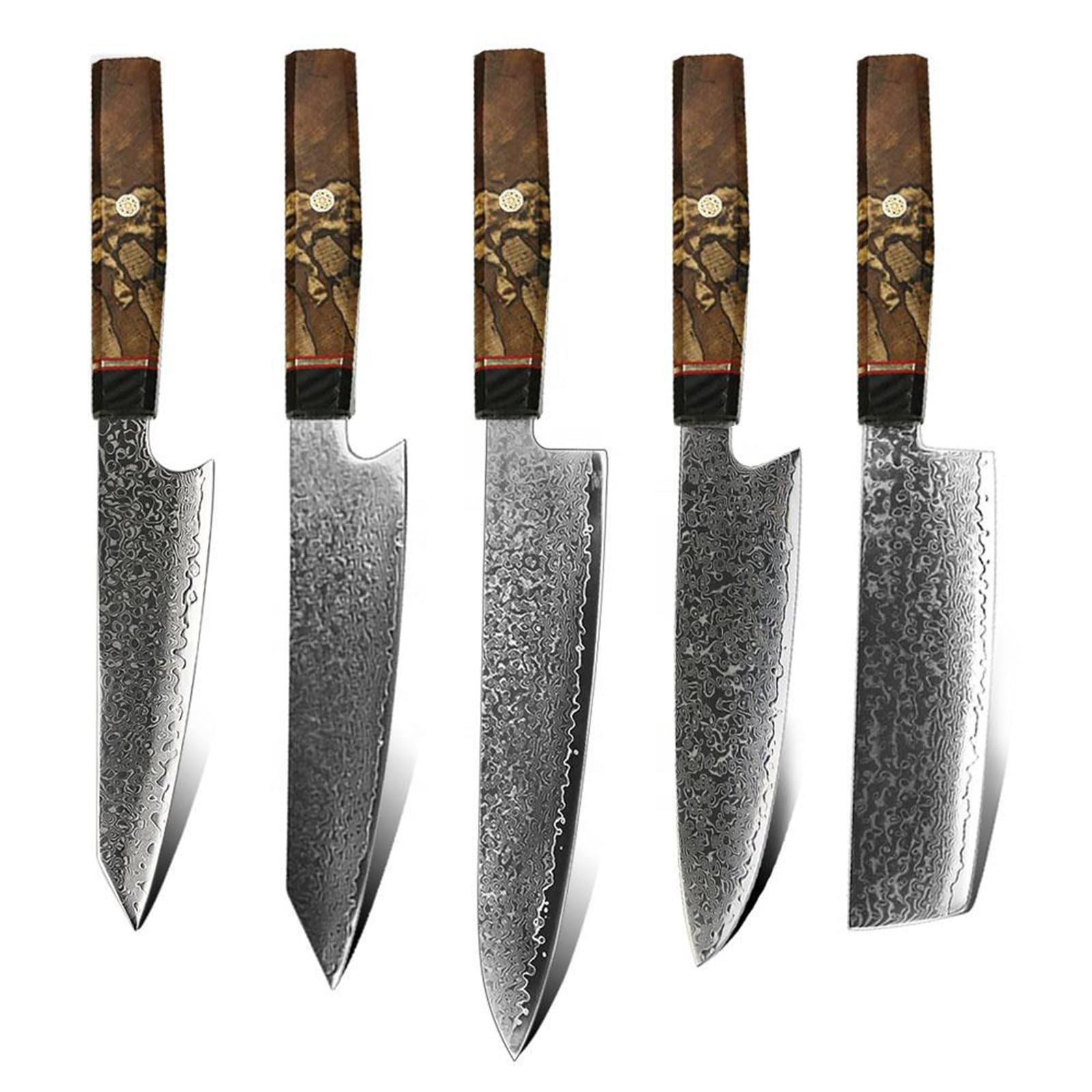 Damascus Knife Set of 5 Piece Stabilized Wood German Engineered Knives 67 Layers VG10 Damascus Steel Slicing Cutting