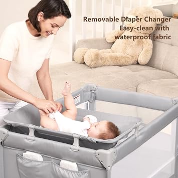 ANGELBLISS Pack and Play, Baby Bassinet Bedside Crib with Changer, Grey