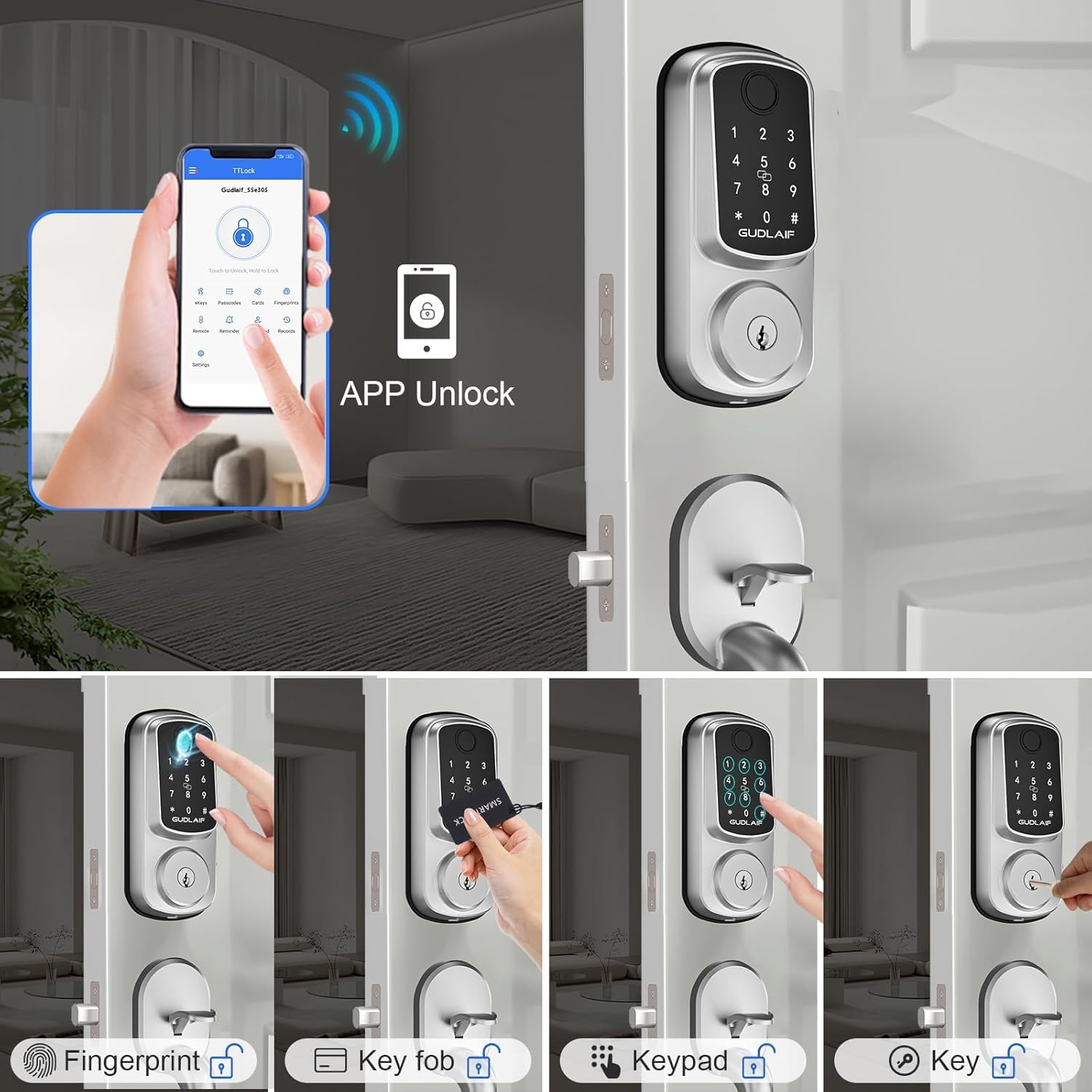 Keyless Entry Door Lock Deadbolt with Handle Set, Smart Front Door Lock Set, Keyless Entry Keypad Deadbolt, Electronic Keypad Deadbolt Lock with Alexa (Silver)