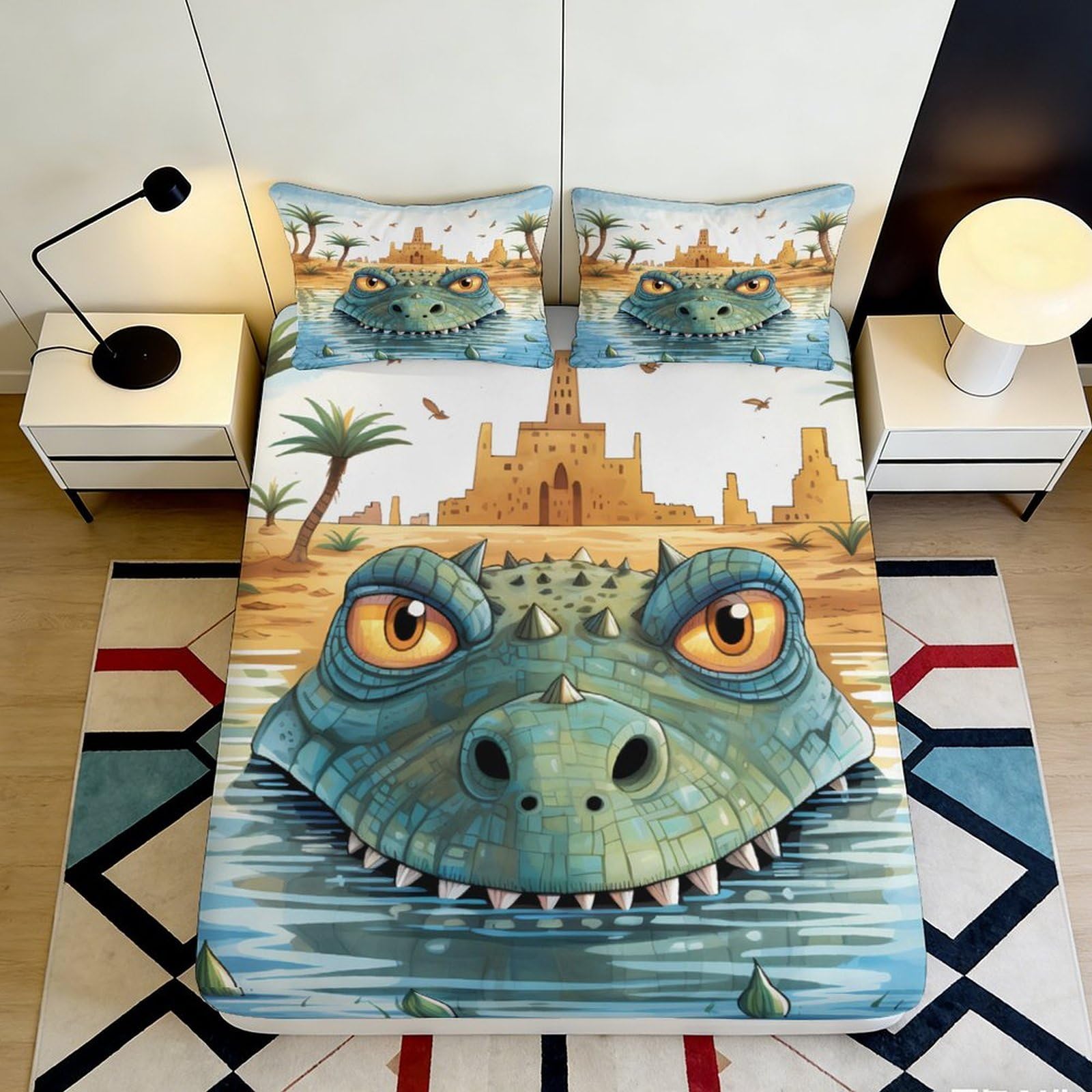 3D Printed Dinosaur Castle Fitted Sheet Microfiber Breathable Deep Pocket Non-Slip Dinosaur Mattress Fitted Cover for Bedroom 160x200x25cm