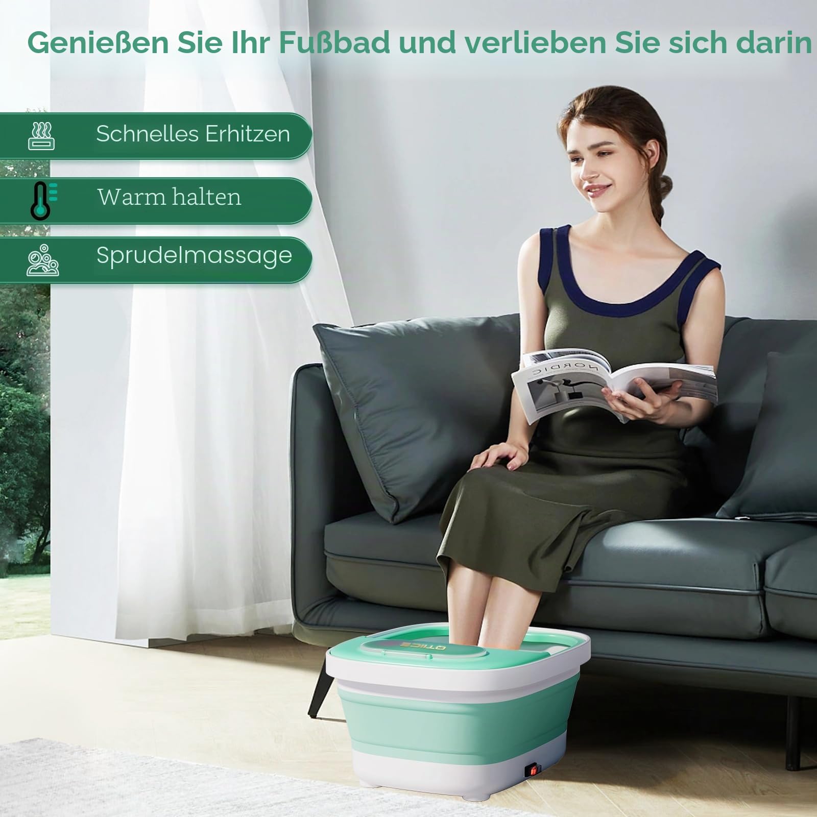 Zusammenklappbares Fußbad und Massagegerät mit Heizung, Blase, Virbration, Rotlicht, Fußbadeschüssel mit 3 Pediküre-Aufsätzen zur Pflege Ihrer Füße (grün) | Fußbadeschüssel mit 3 Pediküre-Aufsätzen zur Pflege Ihrer Füße (grün)