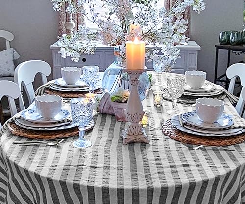 Miniatura 5 de Mantel redondo de lino, 100% lino puro, mantel a rayas italianas, mantel redondo de 60 pulgadas, mantel beige, tela altamente absorbente, lavable,
