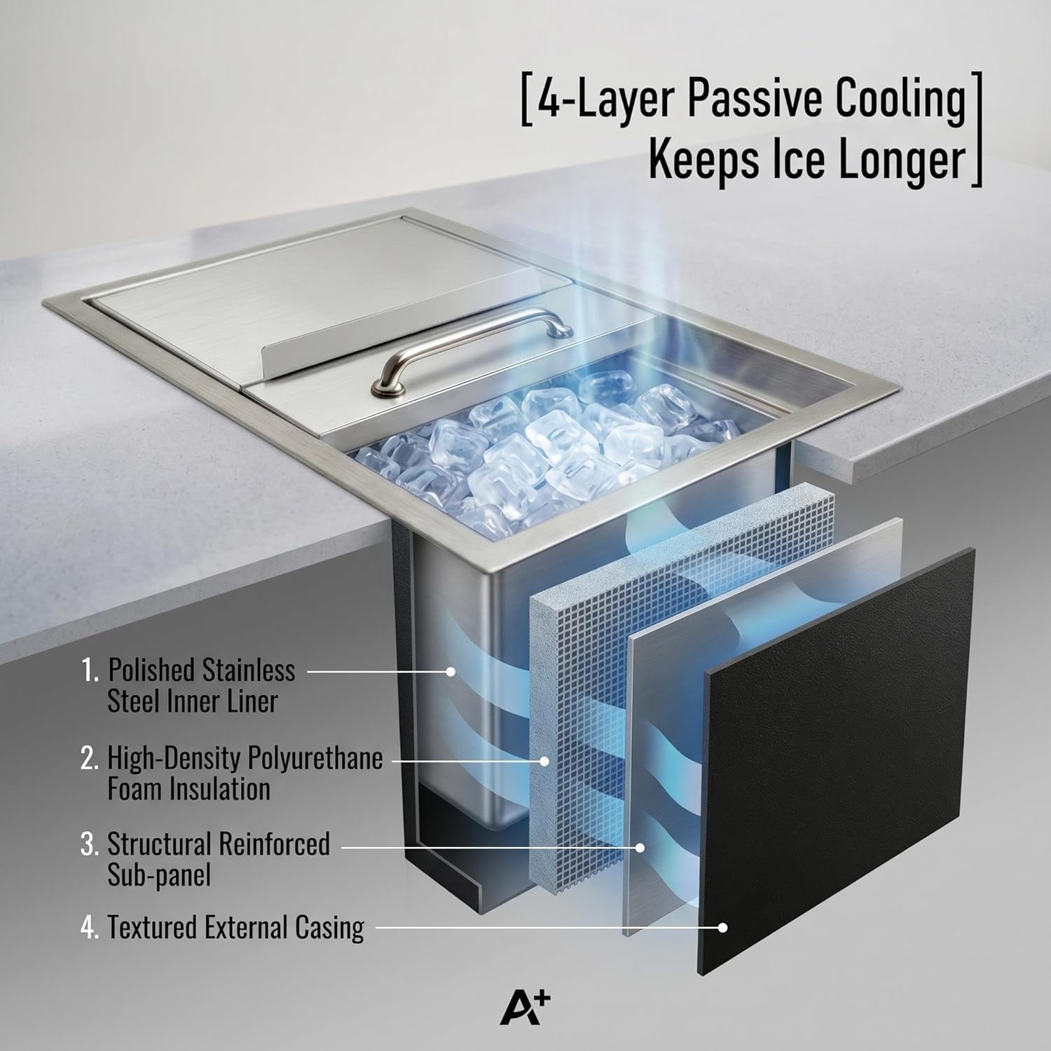 Drop in Ice Chest, 18"L x 12"W x 15"H Stainless Steel Ice Cooler, Commercial Ice Bin with Smooth Sliding Cover, 55 Qt Drop in Cooler Included Drain-Pipe & Plug for Outdoor Kitchen & Bar, Wine & Beer