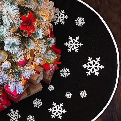 Miniatura 2 de MACTING Falda de árbol de arpillera de campo, Navidad, 30 pulgadas con copo de nieve negro impreso para Navidad, Año Nuevo, decoración de
