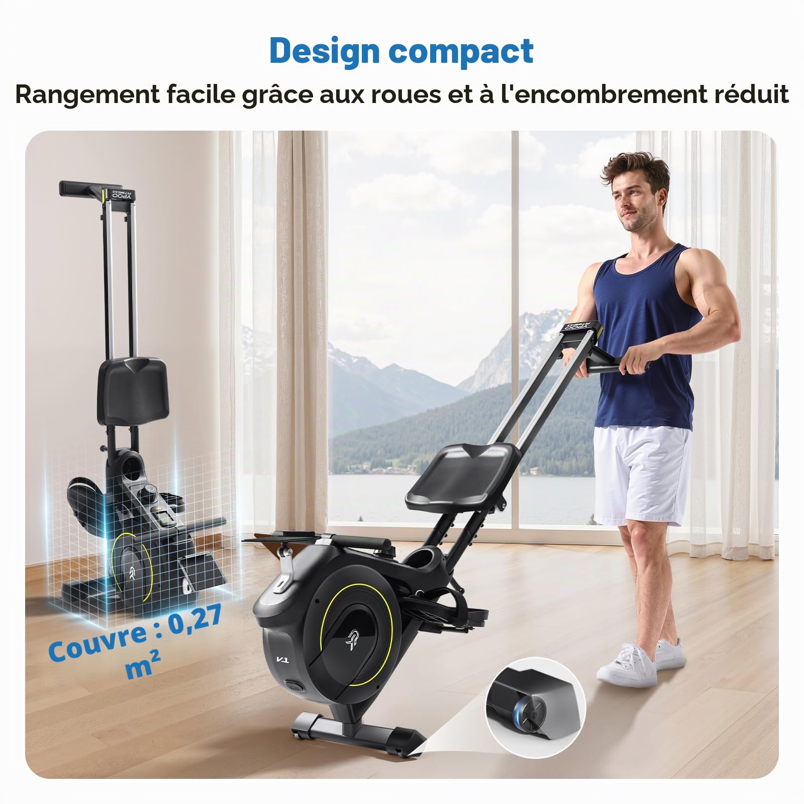 YPOO Rameur Pliable Appartement, Magnétique Rameur Musculation avec 16 Niveaux de Résistance, Rowing Machine Rails Doubles Améliorés, Silencieux, APP& Écran LCD,Capacité Max160KG, Rangement Vertical