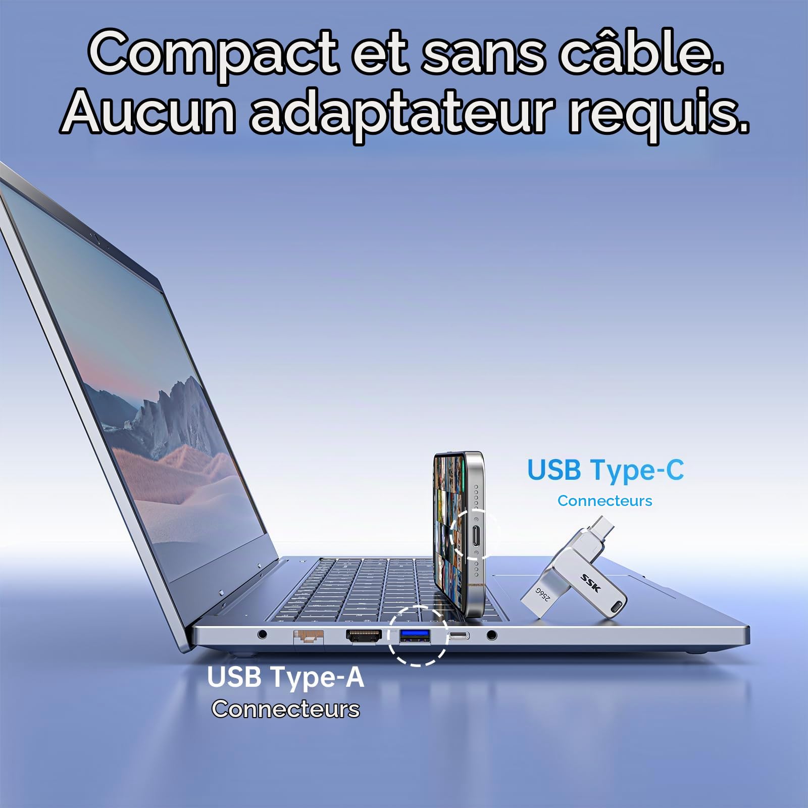 SSK 256 Go Clé USB Double Connecteurs, Clé USB C Flash Drive jusqu'à 220 Mo/s Type-C et USB-A Mémoire Stick pour iPhone 15/16/17Pro/Android OTG avec Étanche, Anti-poussière et Anti-Chute