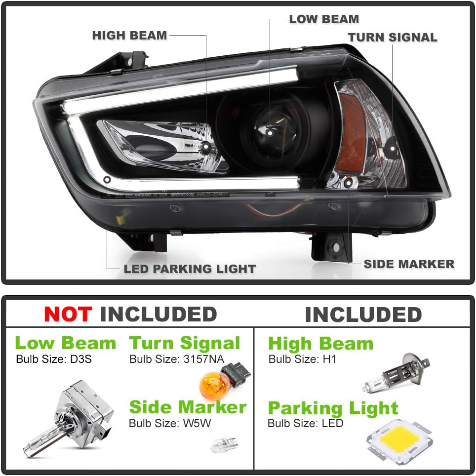 ACANII - For [HID Model] 2011-2014 Dodge Charger LED DRL Tube Black Housing Projector Headlights Headlamps Assembly