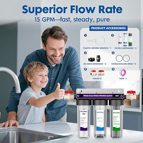 Miniatura 4 de Sistema de filtro de agua para toda la casa, filtración de agua en el hogar de 3 etapas que reduce altamente el olor a cloro, el sabor, ofrece agua