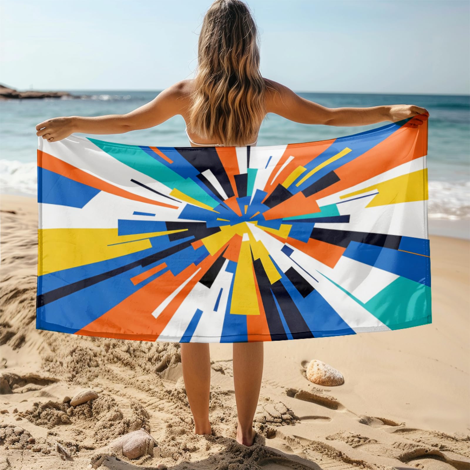 Fouta PlageModèle Abstrait Bleu Orange Jaune Modèle Surdimensionné avec Diverses Tailles, Respirante et Portable, Parfaite pour Voyages Sorties Piscine et Usage Extérieur Quotidien 90x160 cm