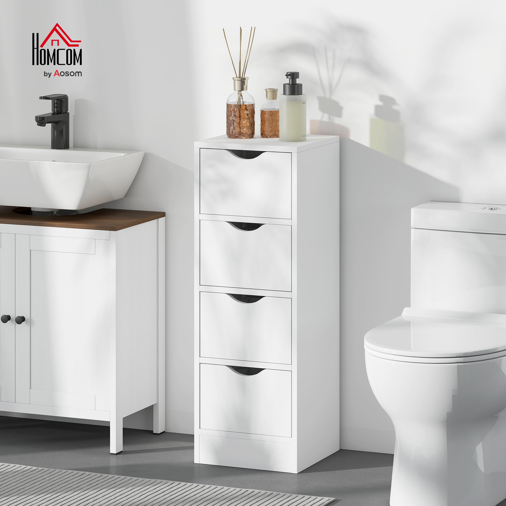 HOMCOM Meuble de Salle de Bain Meuble de Rangement 29 x 29 x 83 cm Blanc | 4 Tiroirs, Poignées Encastrées, Armoire Salle de Bain, Chambre, Salon, Idéal pour Petits Espaces