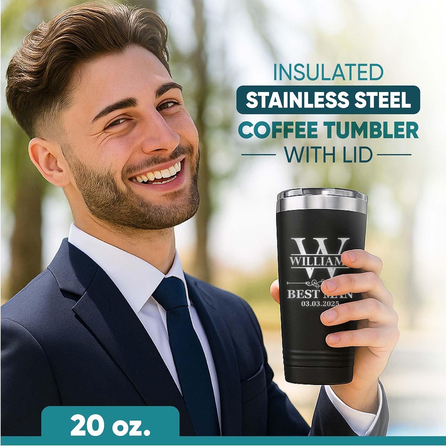 Custom Groomsmen Engraved Insulated Stainless Steel Tumbler, 20oz (Black) image 3