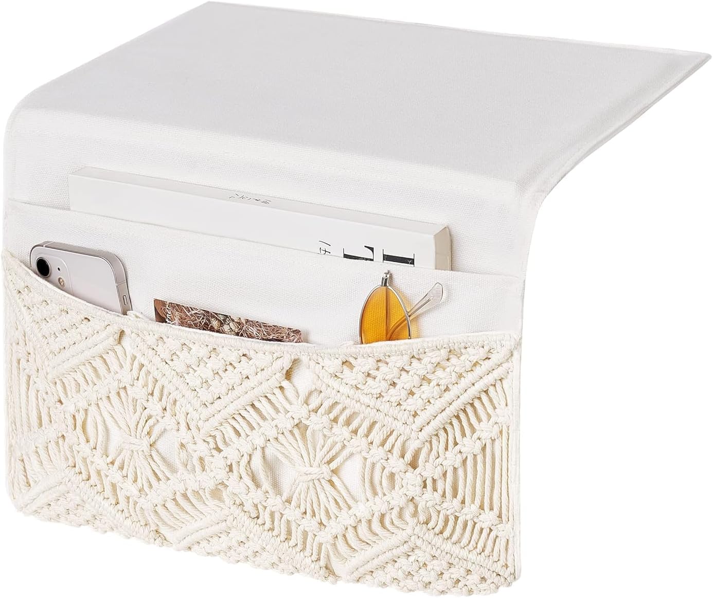MODERN HOMES - feel the difference Macrame Bedside Magazine Holder/Organizer for Remote, Tablet, Non-slip Boho Caddy Storage with 4 Pockets for Bedroom Living Room College Dorm Bed, Ivory