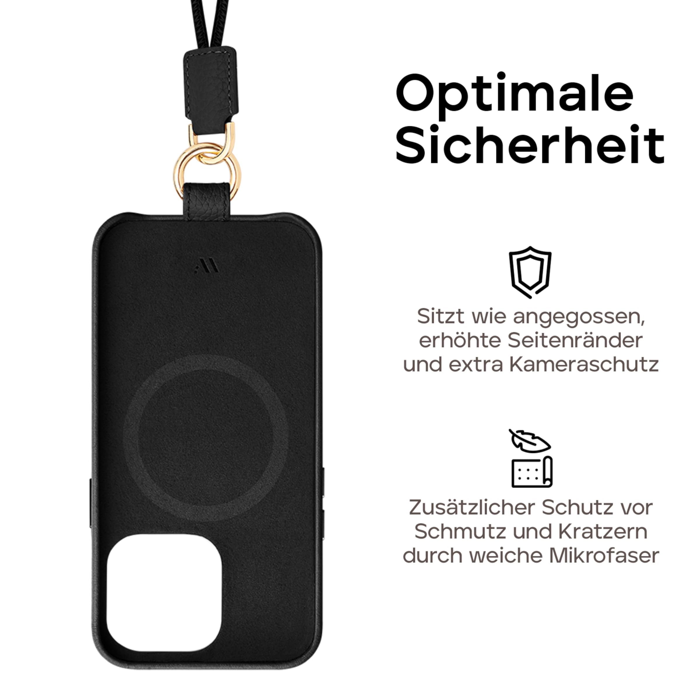 WIIUKA Etui do iPhone 14 Pro, skórzane etui z Niemiec, skórzane etui na telefon komórkowy, etui premium, etui na telefon komórkowy, etui, łańcuszek do zawieszenia, czarne
