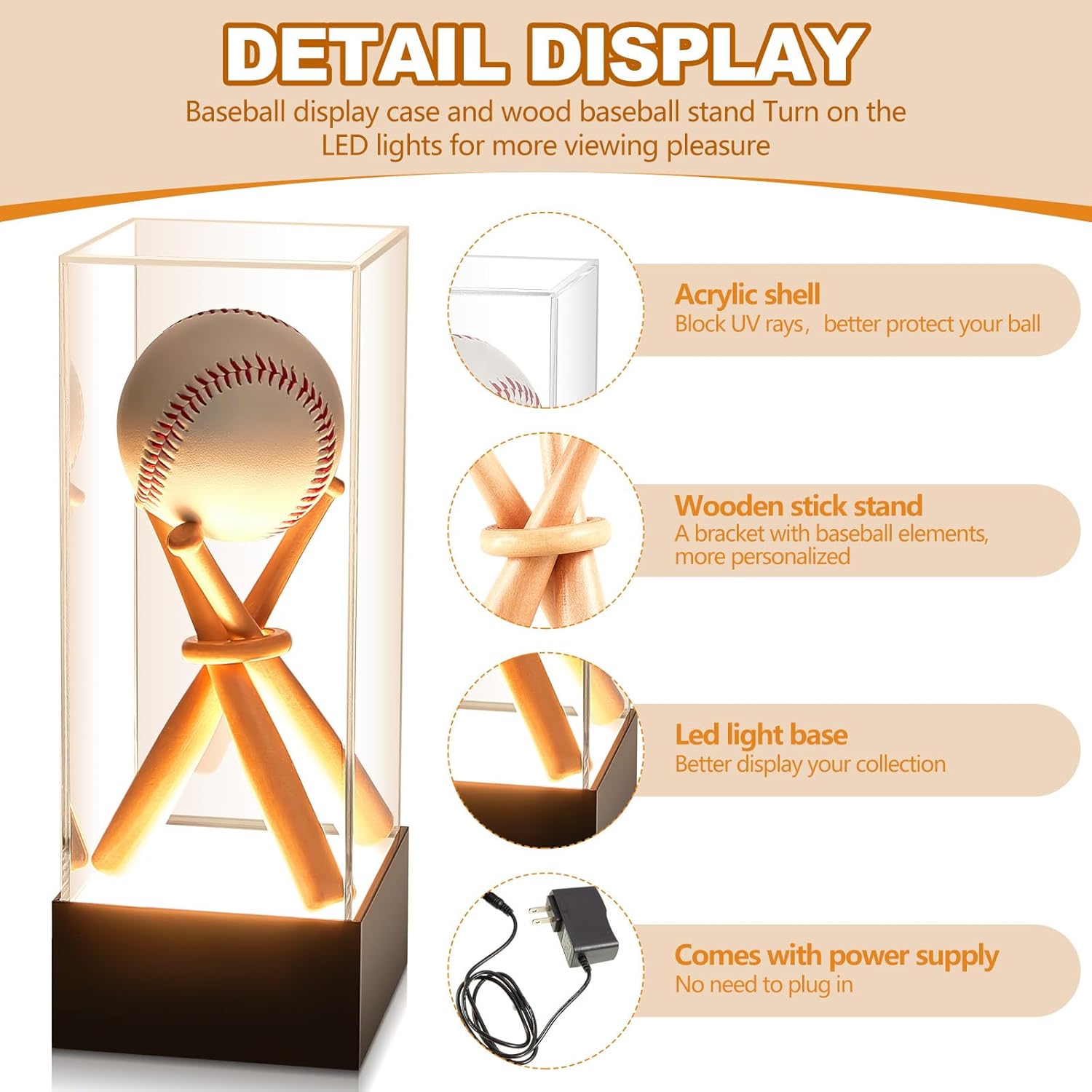 Menkxi Baseball Display Case with LED Light Base Stand Holder, Wooden Sticks, UV Protected Acrylic Clear Cube for Memorabilia Ball