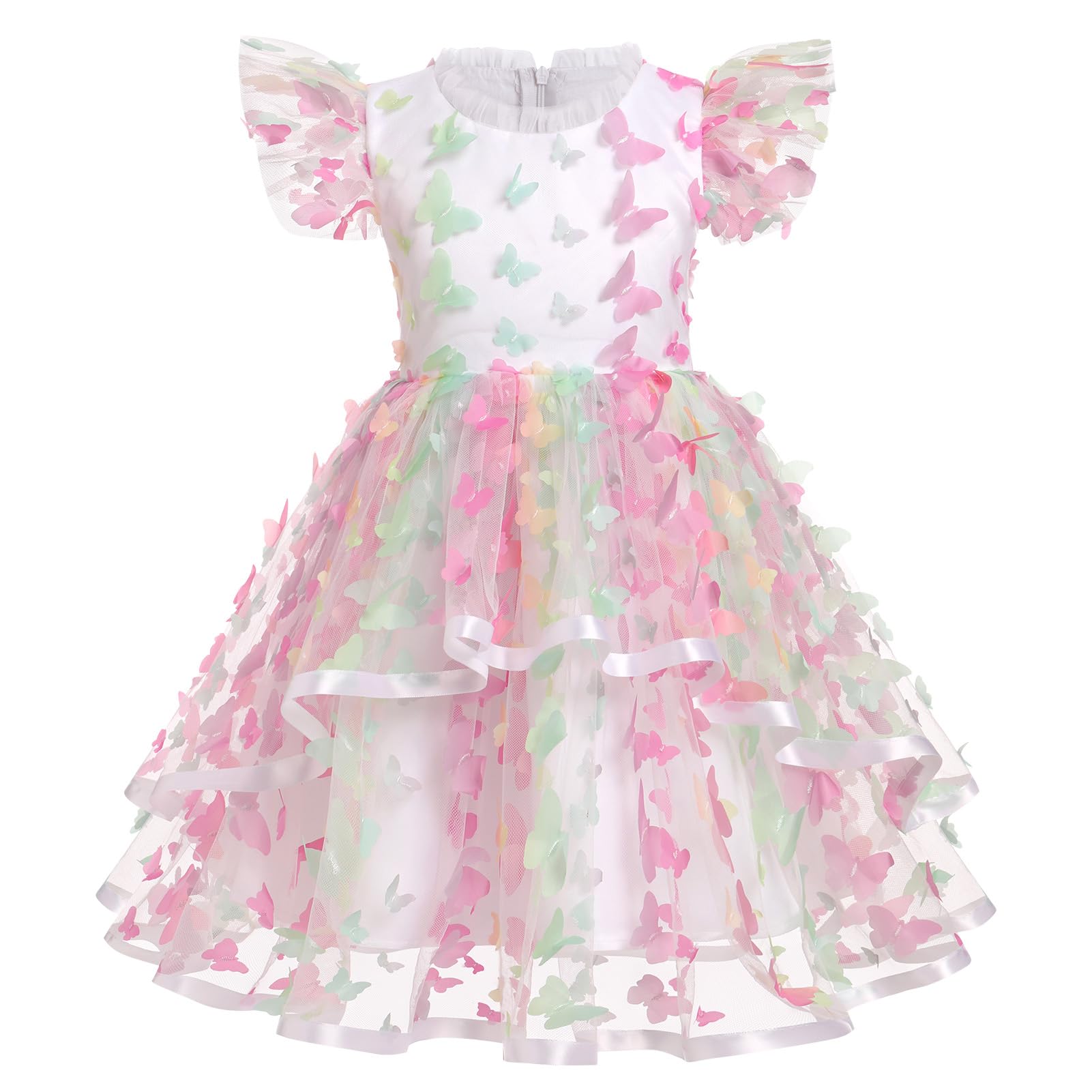 Ragazze Arcobaleno Compleanno Abito A-Line Manica Flutter Alto Basso Tulle Tutu Ruffle Vestito Bambino Fiore Damigella d'onore Abito da festa