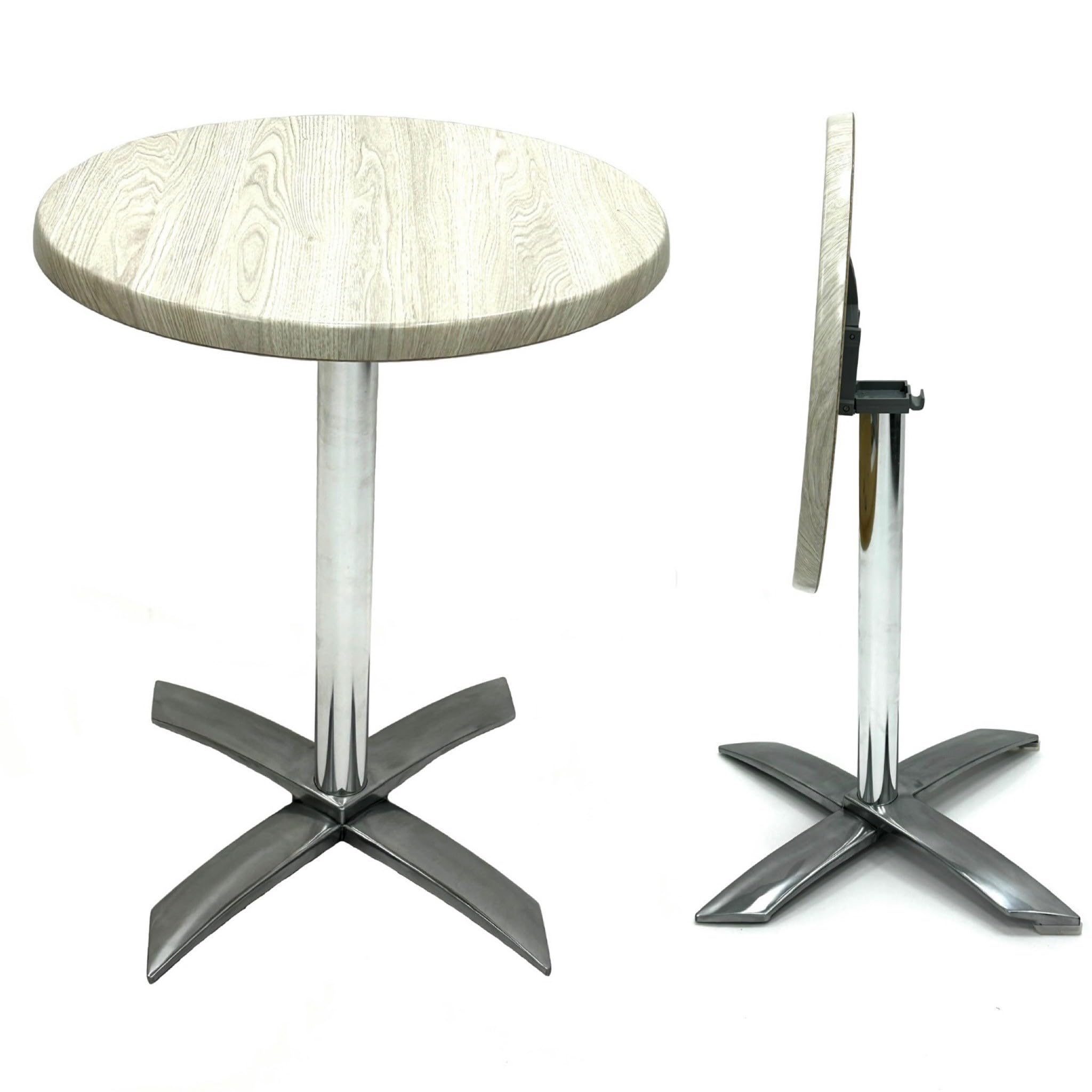 BE Furniture Premium Quality Fold Down coffee shop Table with White Driftwood Effect Top and aluminium flip down base, perfect for Commercial use
