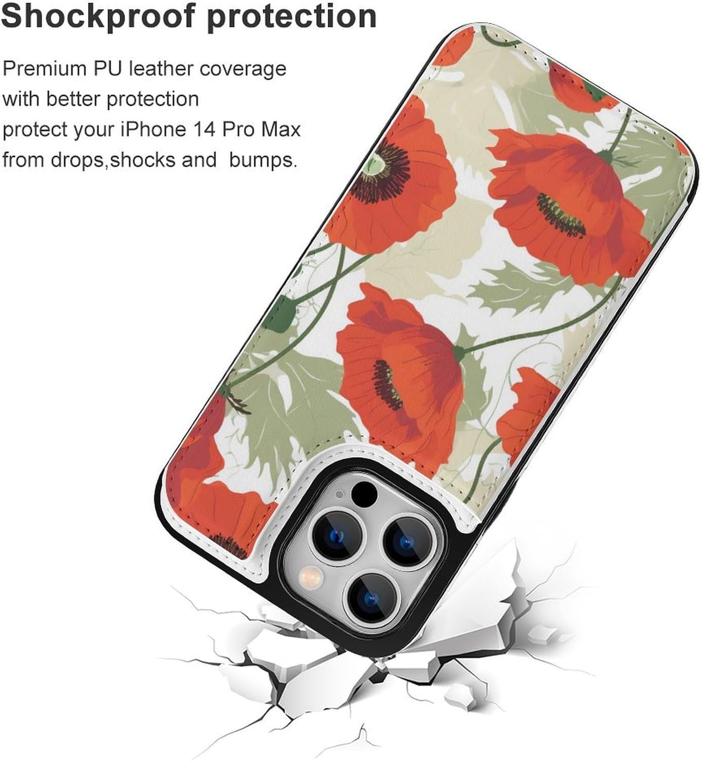 Wallet Cases for iPhone 14 Pro Max, Poppy Flower Pattern Prints Flip Leather Phone Case Cover with Card Slots Holder
