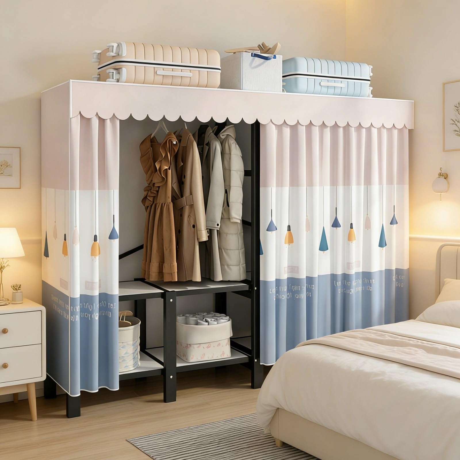 Zusammenklappbarer Kleiderschrank,Installationsfreier Faltschrank,Langlebiger Stoff-Kleiderschrank,Schlafzimmer-Aufbewahrungsregal,Stoffschrank Staubdichter Organizer-Schrank(Pink,188cm/74in)