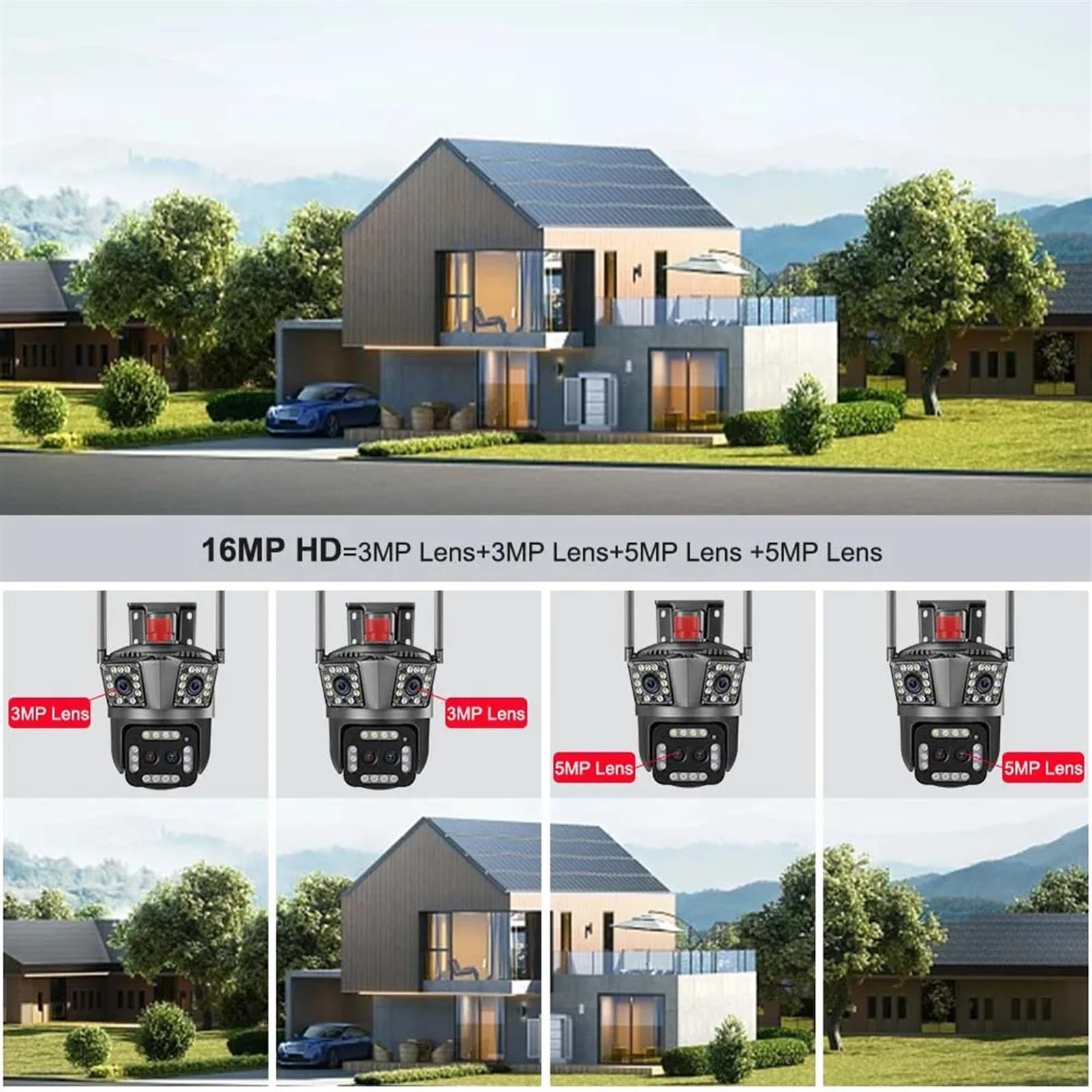 Kamera bezpieczeństwa, Kamera Wi-Fi 16MP 8K Zoom 12X Cztery obiektywy Zewnętrzna kamera PTZ Ochrona bezpieczeństwa Ai Śledzenie IP 4K Kamery monitorujące CCTV(8K 16MP No Card)