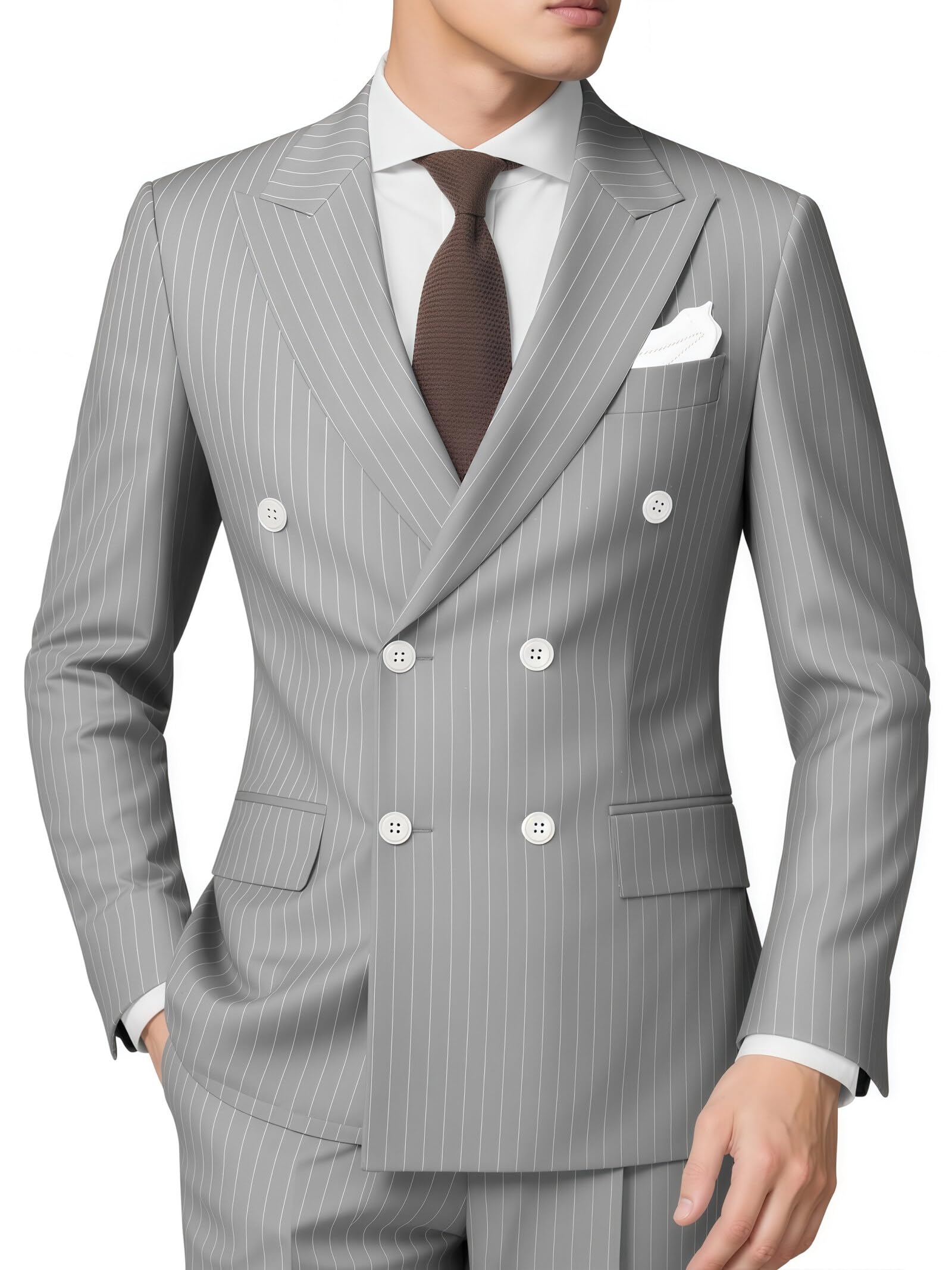 HANBANGWEI Men's Pinstripe Suit 2 Pieces Regular Fit Double-Breasted Blazer Pants for Wedding Suit Groom Prom Tuxedo Suit