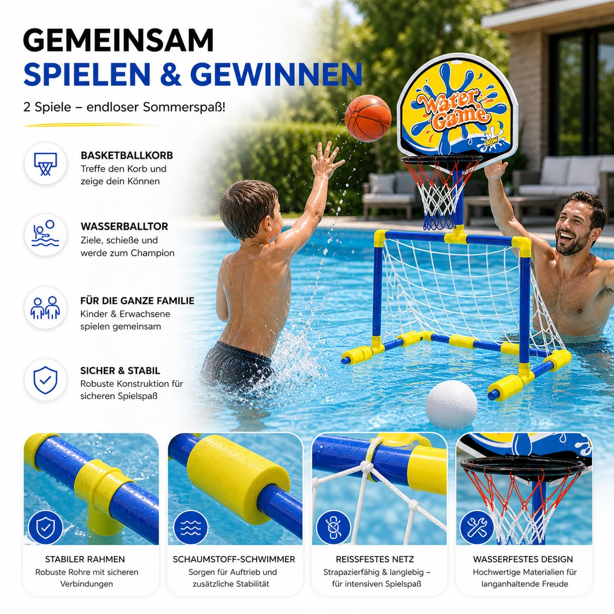 2-in-1 Wasserballspiel für Pool – Basketballkorb & Wasserballtor für Kinder & Erwachsene inkl. Bälle – Wasserspaß für Garten & Pool