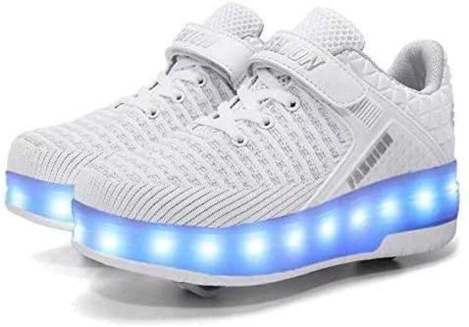Zapatillas De Skate LED con Ruedas Dobles Zapatillas De Skate Zapatillas con Ruedas LED Niños Niños Niñas Gimnasia Al Aire Libre Zapatillas De Moda Técnica,White-32 EU