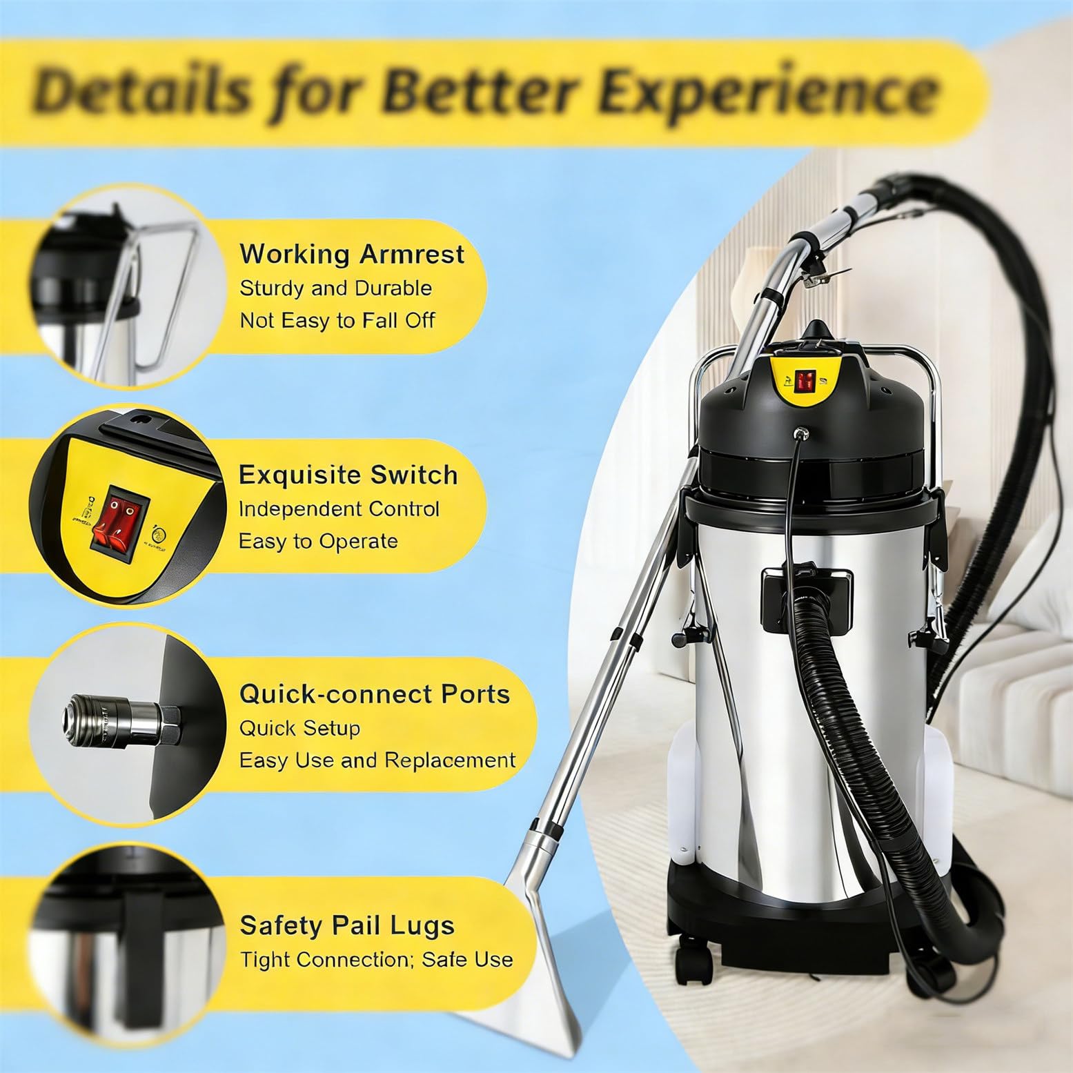 Máquina Profesional de Limpieza Profunda, 3 en 1, con champú para alfombras y aspiradora en seco y húmedo con función de pulverización, 6 Accesorios incluidos. 20L
