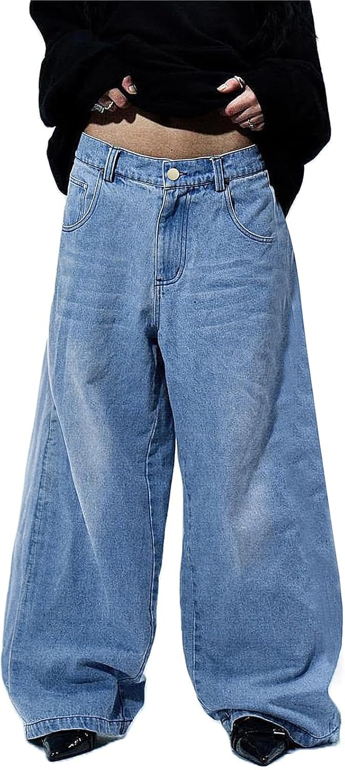 Mens Baggy Jeans Wide Leg, Black Skater Striped Jnco Y2k Denim Pants Oversized Streetwear, Blue Y2k Clothes with Design