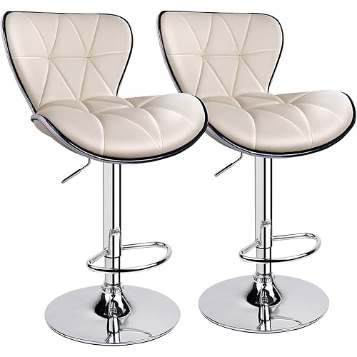 Leopard Shell Back Adjustable Swivel Bar Stools, PU Leather Padded with Back, Set of 2 ( Beige )
