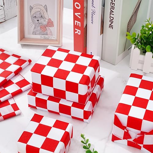 Miniatura 5 de Whaline 100 piezas de papel de seda a cuadros blanco y rojo para fiesta de autos de carreras, papel de regalo, papel de embalaje, papel de