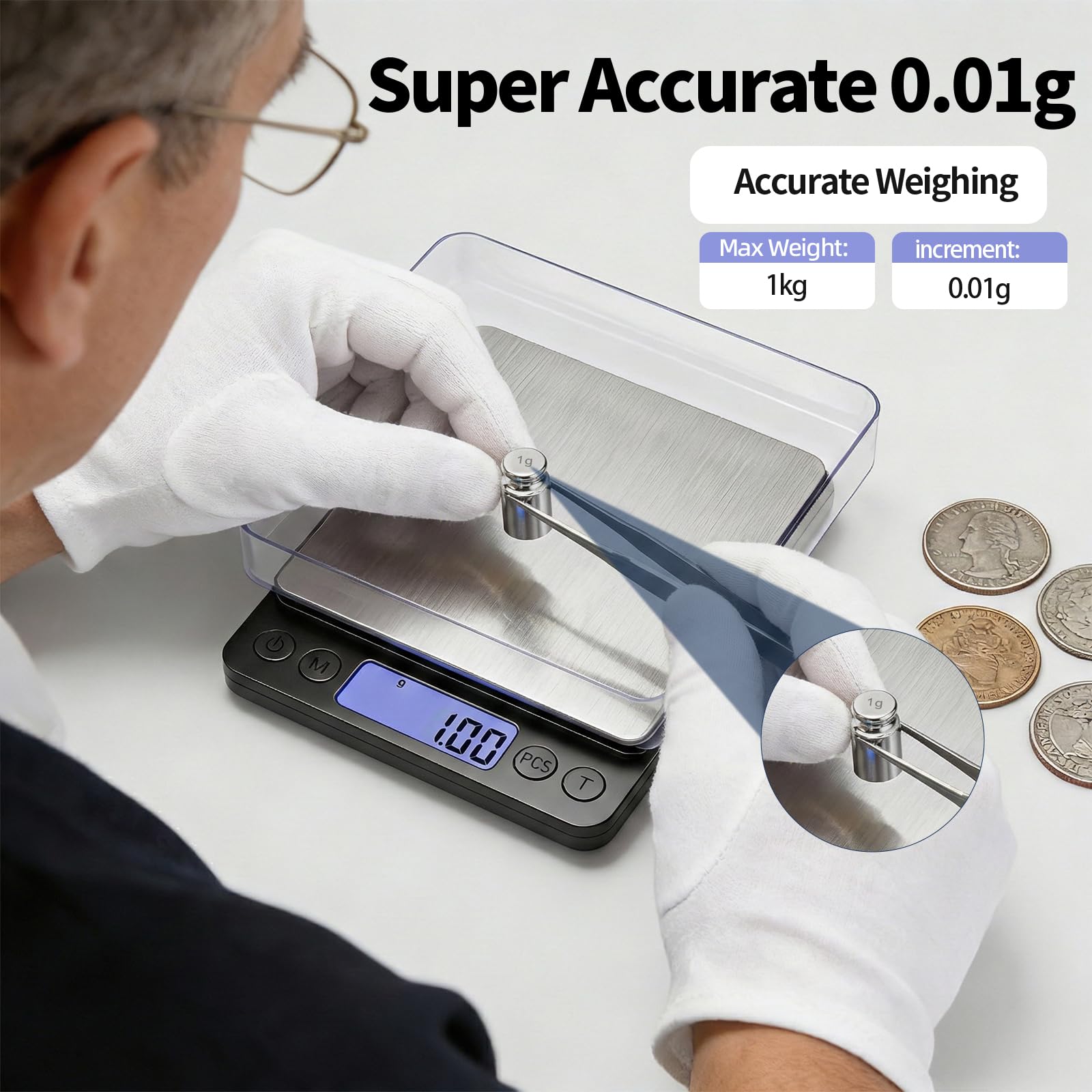 SKEAP Bilancia da 1 kg/0,01 g, precisione 0,01 g, bilancia digitale da cucina, peso grammi e oz, bilancia per gioielli, bilancia ad alta precisione, bilancia tascabile con ricarica, batterie e cavo