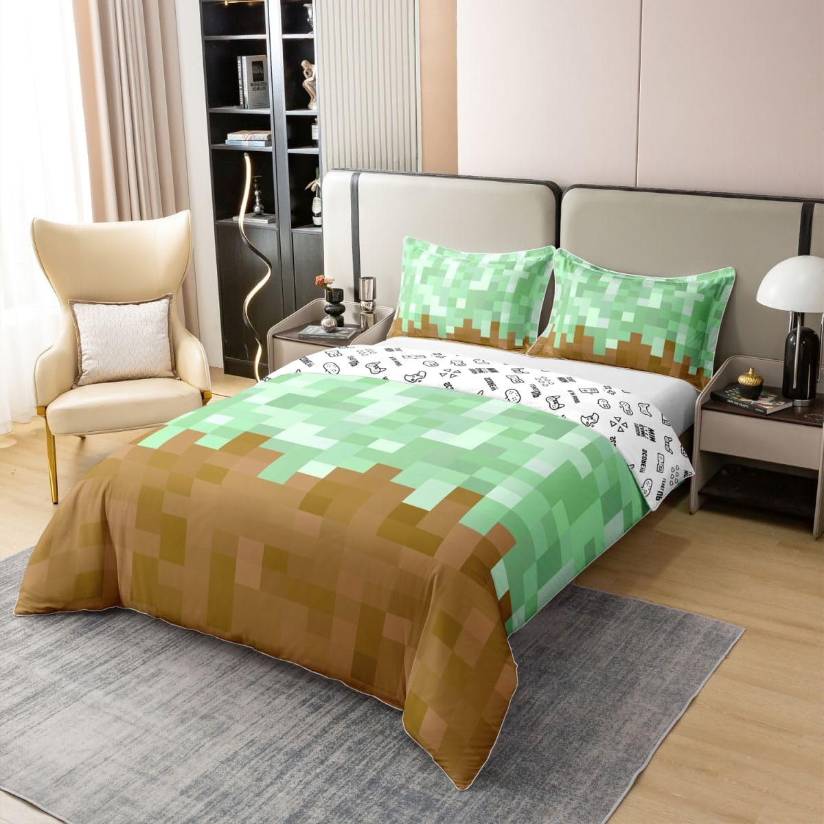 Manfei Pixel Grid Miners Girls Bedding Set Twin Size 100% Cotton, Video Games Plaid Lattice Bedding Set,Geometric Modern Check Room Decor,Light Green Brown Quilt Cover,1 Pillowcase(No Filler) image 2