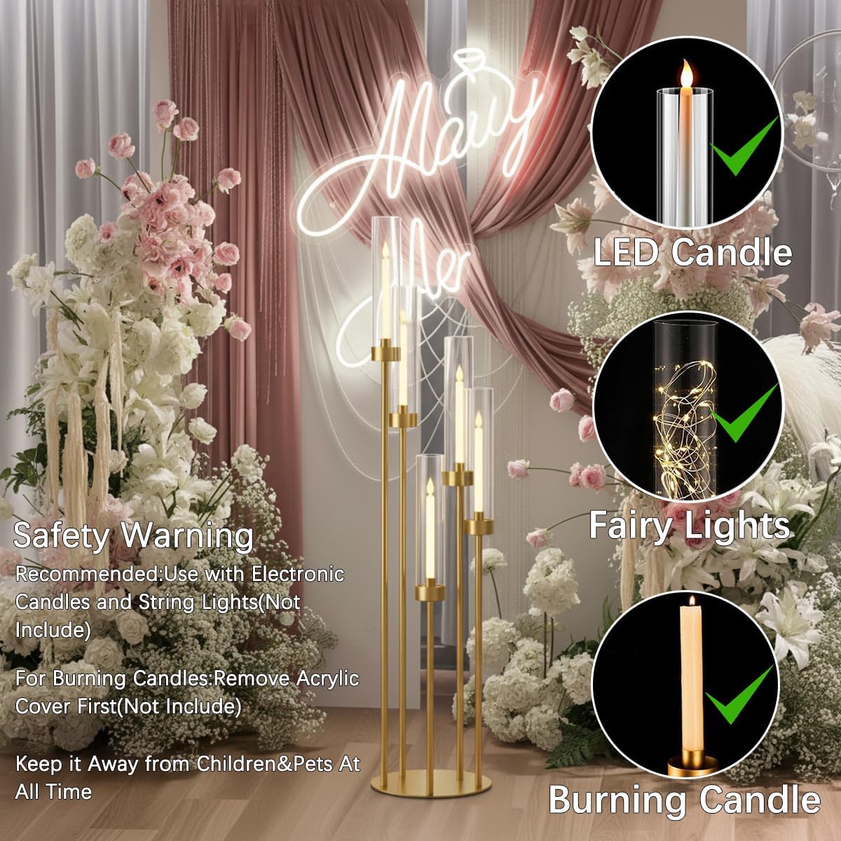 2PCS Floor Candle Holders for Wedding,Tall Arcylic Candelabra Centerpiece for Tables Candelabra 5 Arm for Party Christmas Concert Fit LED Candle Prom Entrance Decorations candelabros navideños