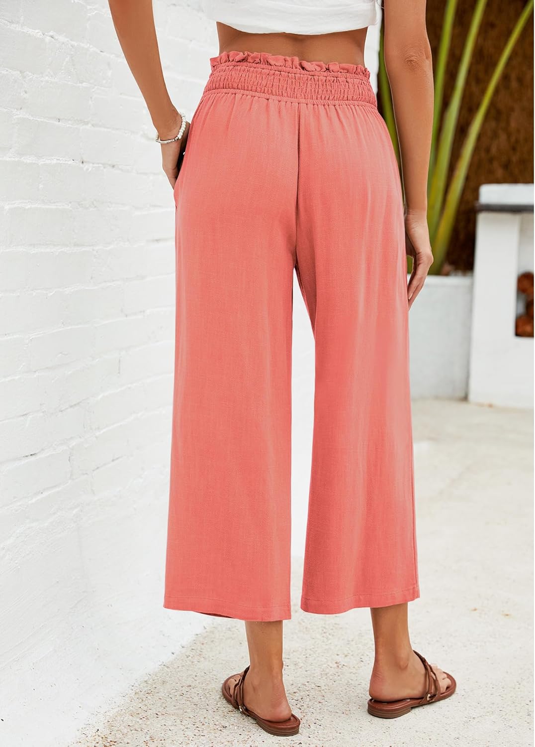 GRAPENT Capri Pants for Women High Waisted Wide Leg Linen Palazzo Trousers Pull On Elastic Smock Waist Loose Flowy Pants - Image 2