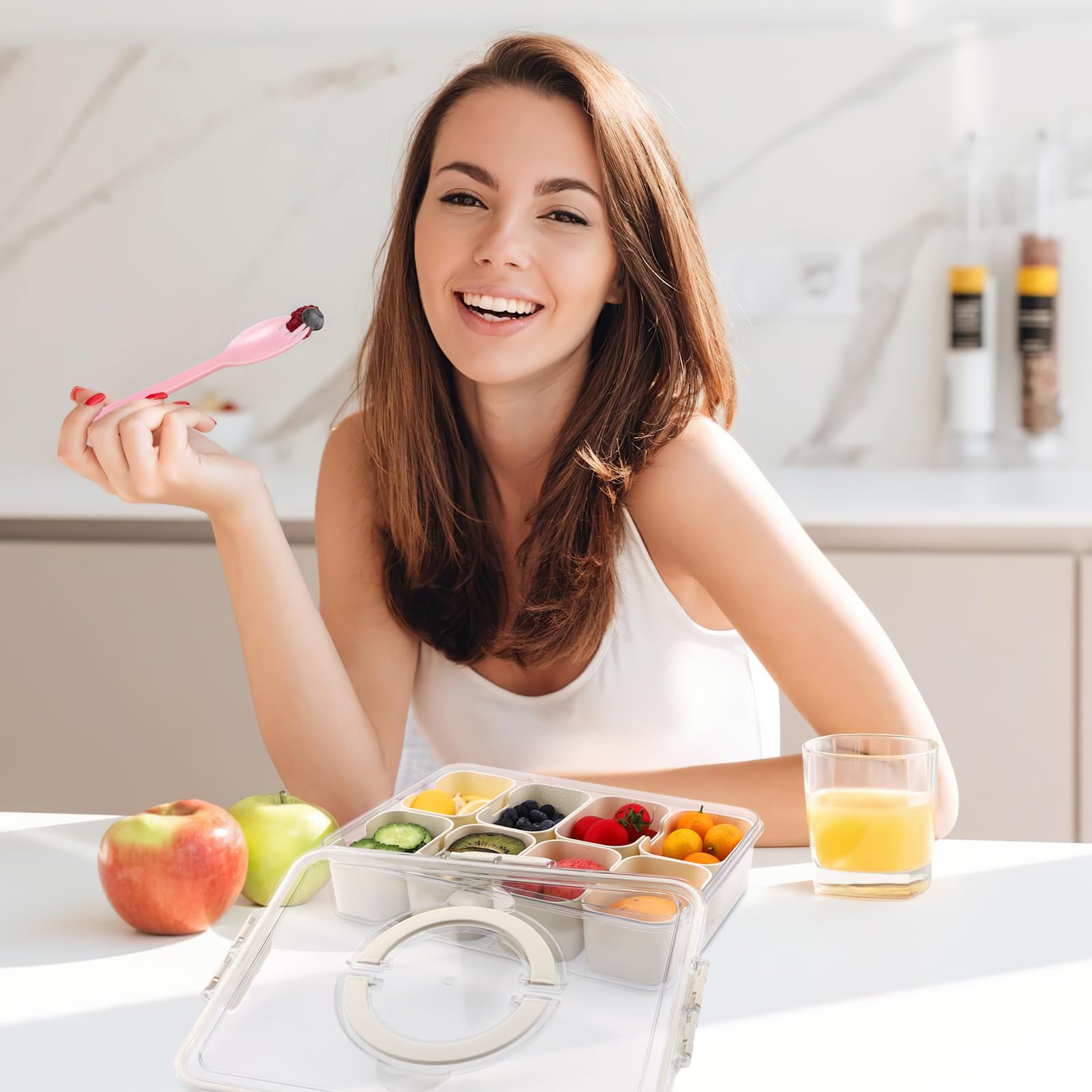 Bandeja dividida para servir con tapa y asa, caja portátil para aperitivos con 16 compartimentos y 16 tenedores, recipiente de aperitivos para fiestas, frutas, frutos secos, dulces, entretenimiento,
