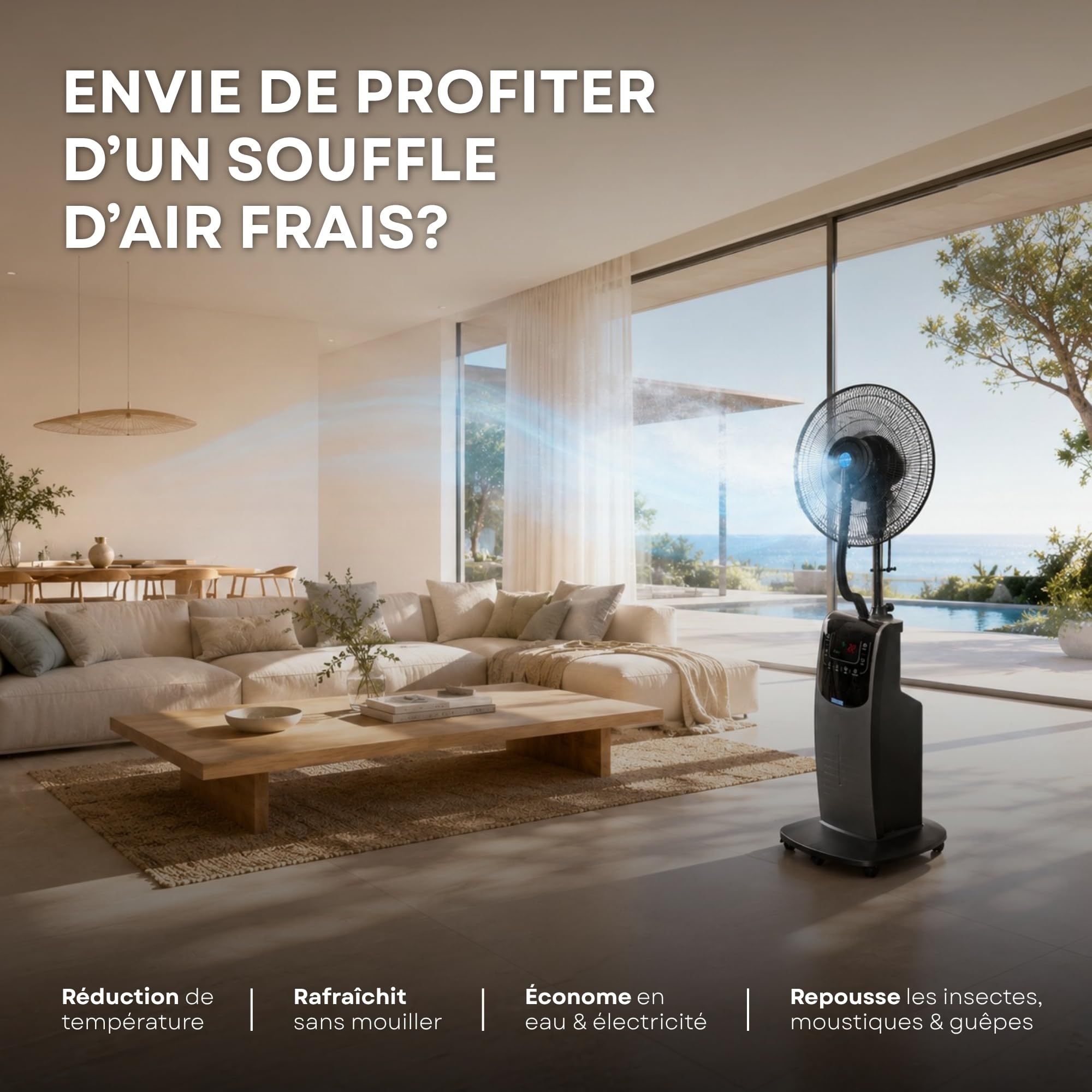 O’FRESH Ventilateur Brumisateur Intérieur sur Pied 135 cm - Rafraîchissement Puissant - Anti-moustique intégré - Autonomie 14h - Ioniseur d’air - Télécommande - Conçu en France