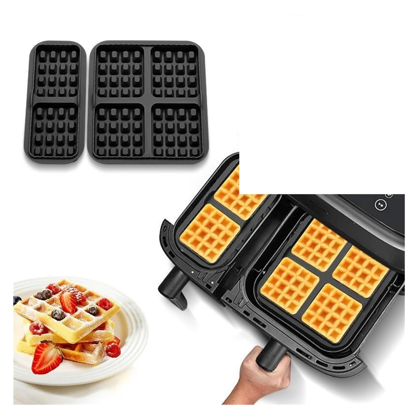 Air Fryer Waffle Mold, Reusable Silicone Baking Mat for Dual Basket Models, Non-Stick & Easy Clean, 1/2Pcs(Black 2pcs)