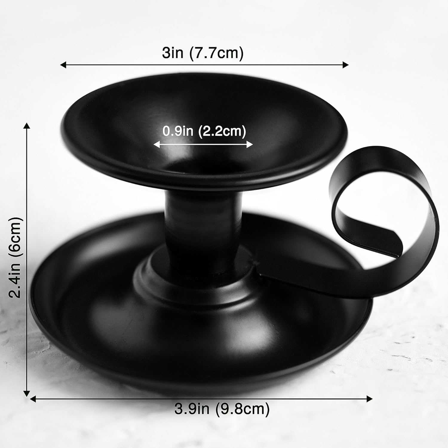 FiveSeasonStuff 2 Set Black Plated Iron Saucer Vintage Candle Holders with Handle for Taper Wax Candlesticks