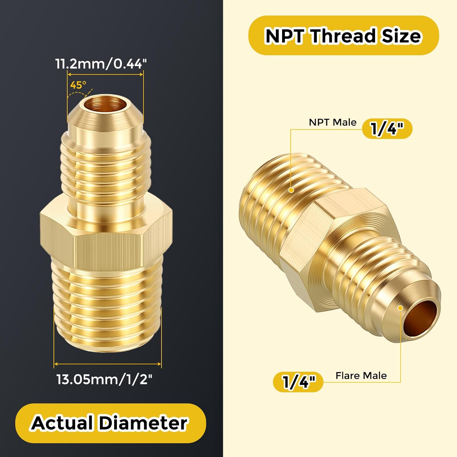 METALLIXITY 1PCS 1/4" Male Flare x 1/4" Male NPT Thread Brass Hex Nipples Extension Adapter for Tub Spout/Shower
