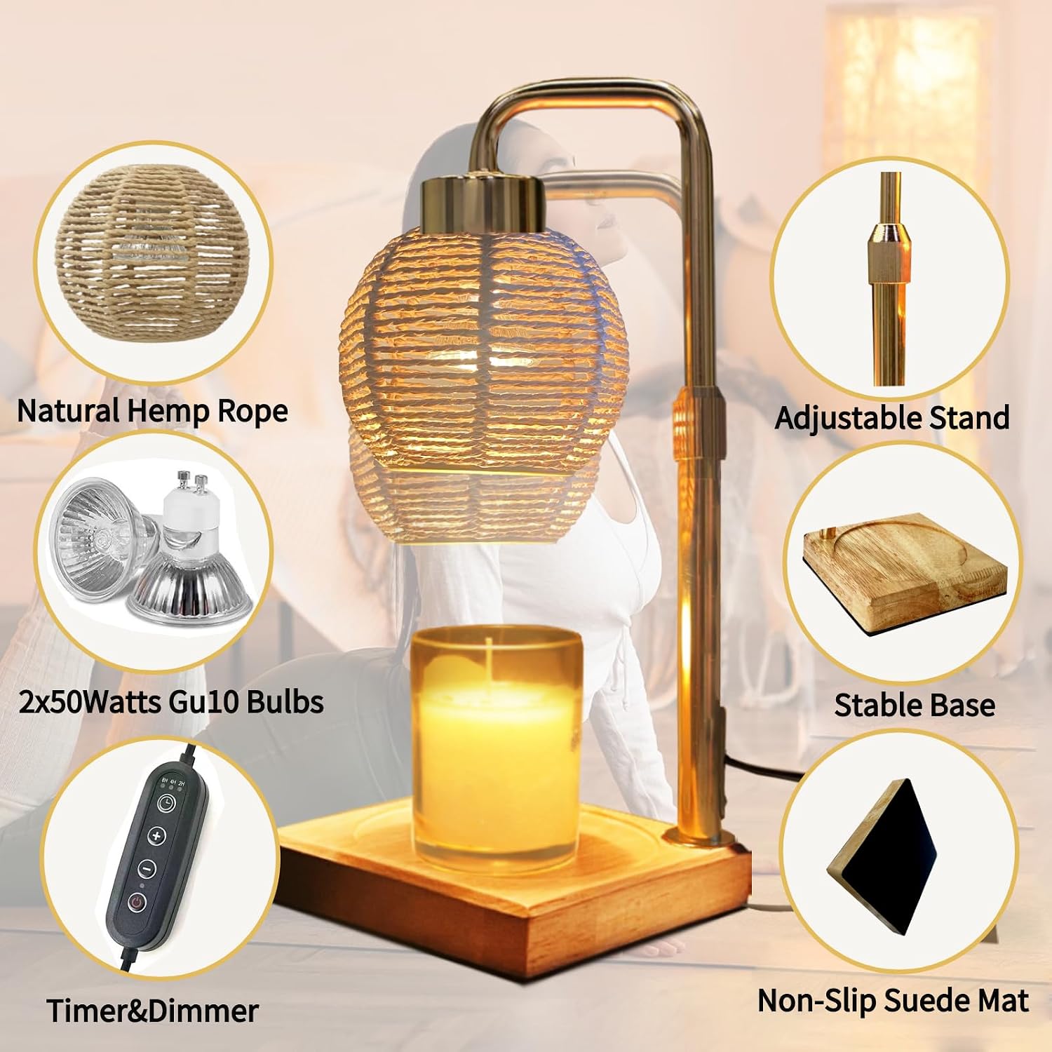 Candle Warmer Lamp - Electric Candle Lamp with Timer, Adjustable Dimmable & Height Wax Warmer Lamp for Melting Heating Small Jar Candles Scented Candle Warmer, Gifts for Home/Bedroom Decor(Gold) image 3