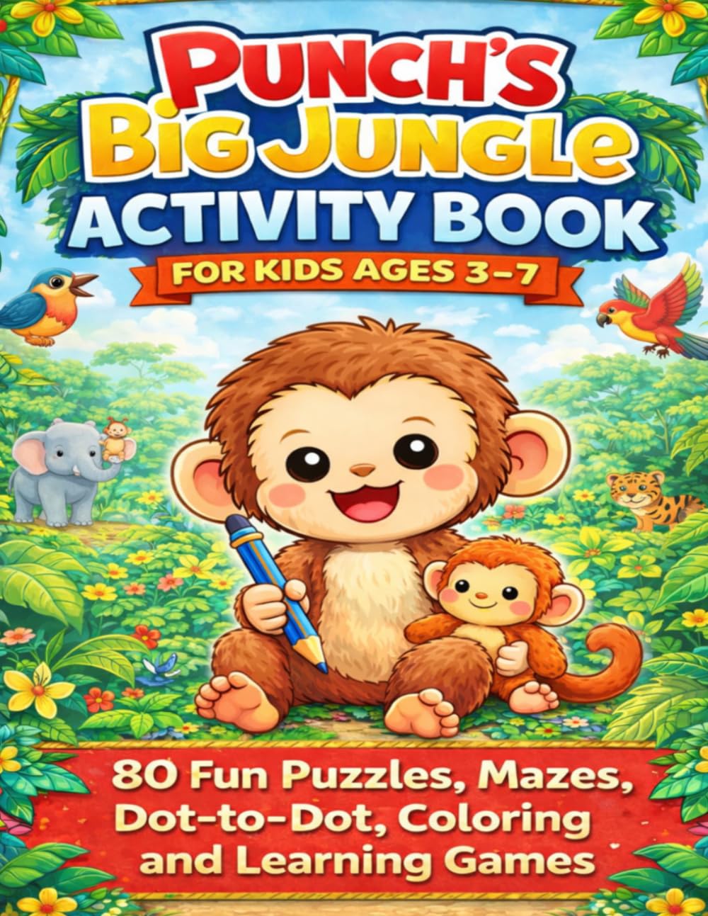 Punch’s Big Jungle Activity Book: 80 Fun Puzzles, Mazes, Dot-to-Dot, Counting Games, Coloring and Learning Activities for Kids Ages 3–7 (Punch Monkey's Little Library)