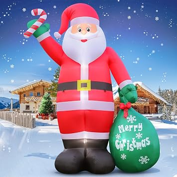 12FT Giant Christmas Inflatable Santa Claus with Cane Candy and Gift Bag Yard Decors, Easy Installation and Storage, Built-in Bright LED Lights for Xmas Outdoor Garden Lawn Holiday Party Decoration