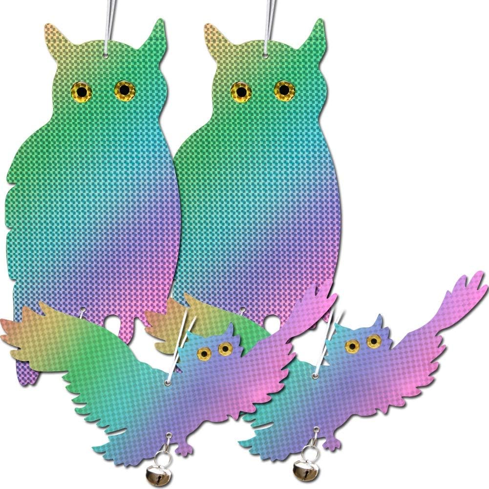 MorTime 4 Pack Bird Scare Owls Reflective Owl Deterrent, Effective Hanging Bird Repellent Devices to Keep Birds Away from Your House Window Garden