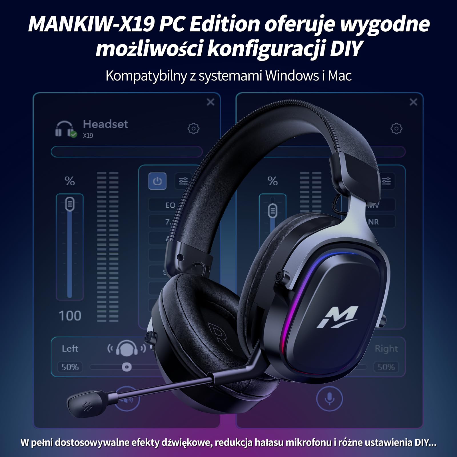 MANKIW Bezprzewodowy Zestaw Słuchawkowy Gamingowy do PS5/PS4/PC/Switch, 2.4G & Bluetooth 6.0, Słuchawki Gamingowe z Dźwiękiem Surround 7.1, Mikrofon z Redukcją Szumów, RGB, 60+ Godzin